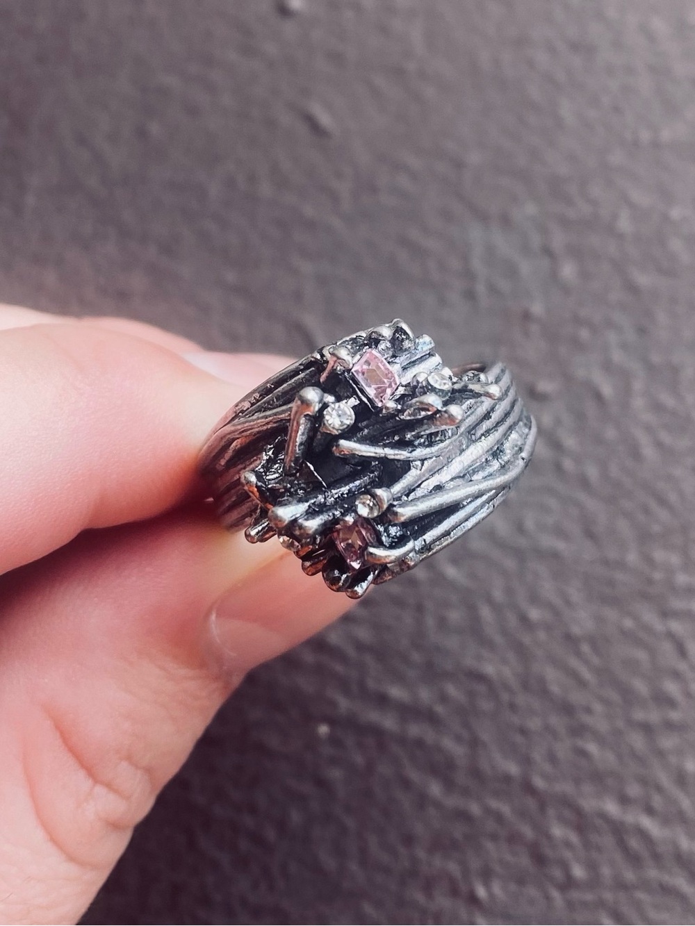Tibetan Silver MultiWire Statement Ring Pink Accent Cubic Zirconium Stones Sz 12